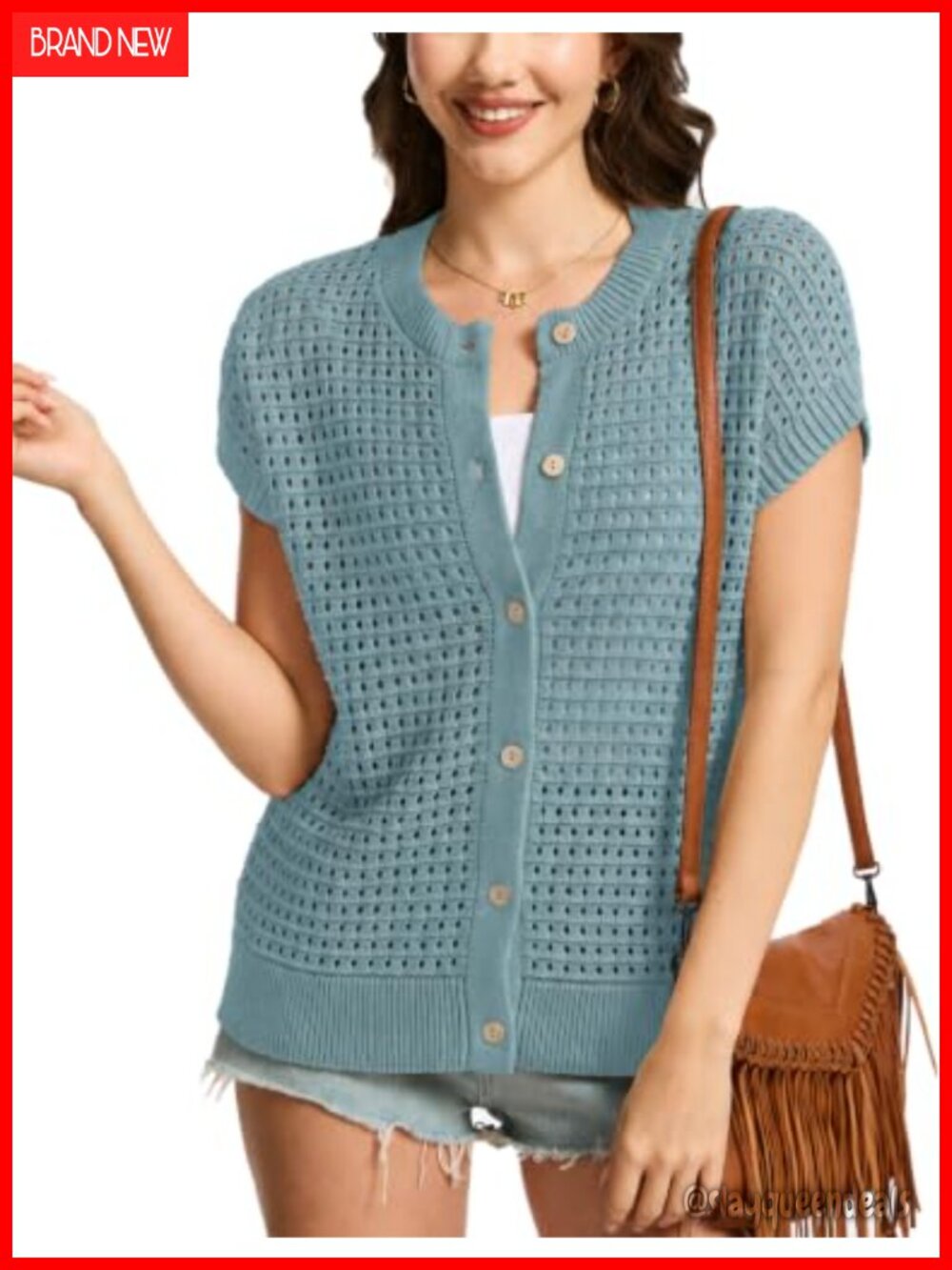 Crochet Knit Sweater Vest Button Down Cardigan Cap Sleeve Crew Neck